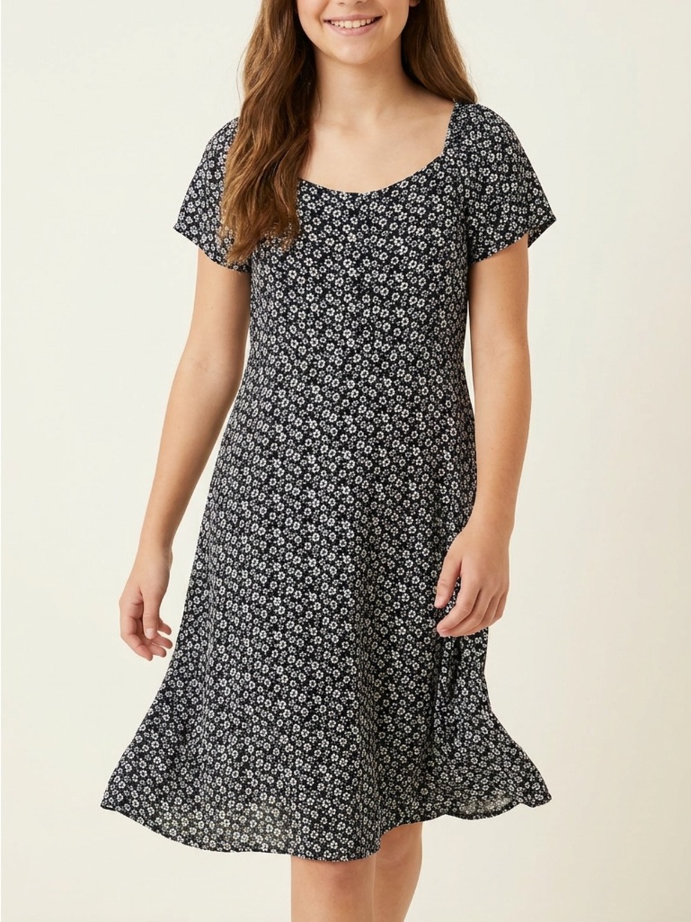 Treasure & Bond Girls XL 14/16 Floral Dress Black White Viscose Flutter Sleeve